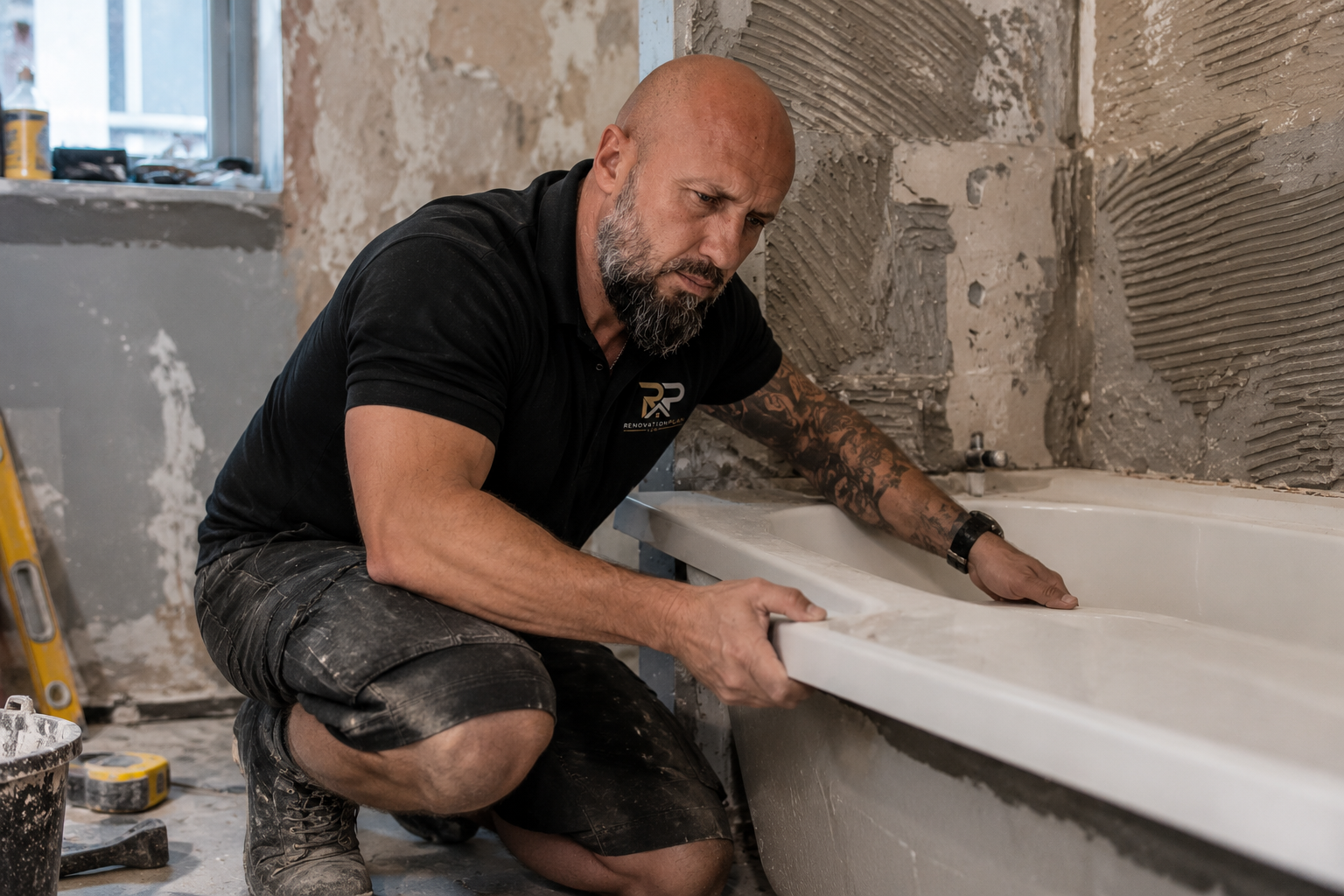 Gabriel Stano installing a bath during a bathroom refit in Essex