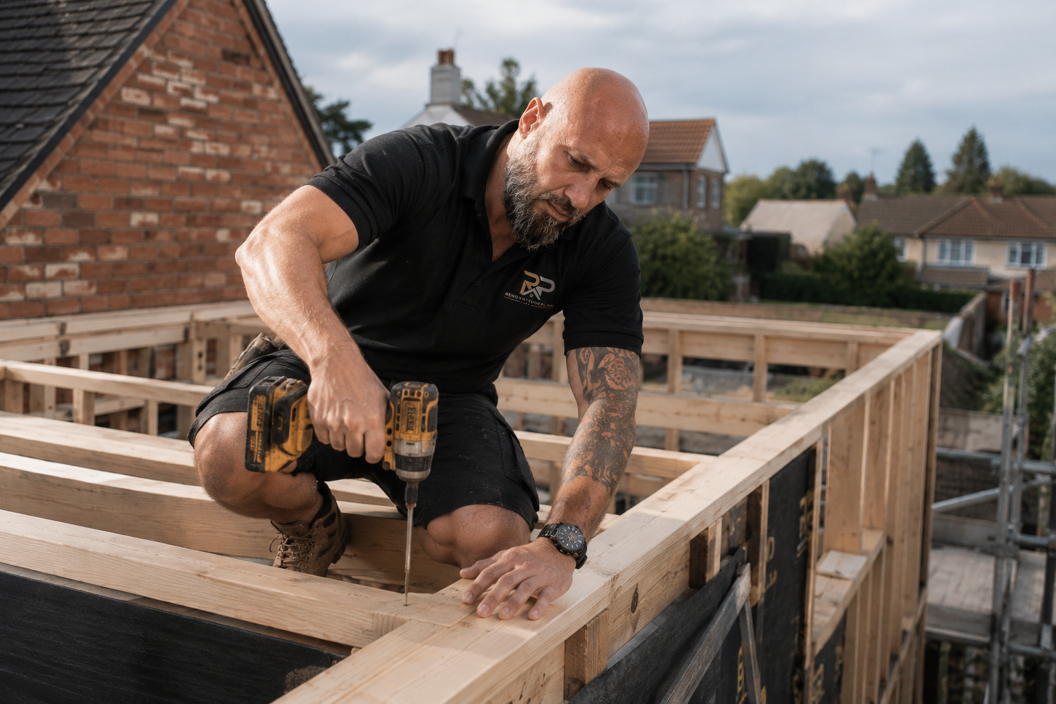 Gabriel Stano of RenovationPlanltd drilling roof timbers during a renovation in Hertfordshire