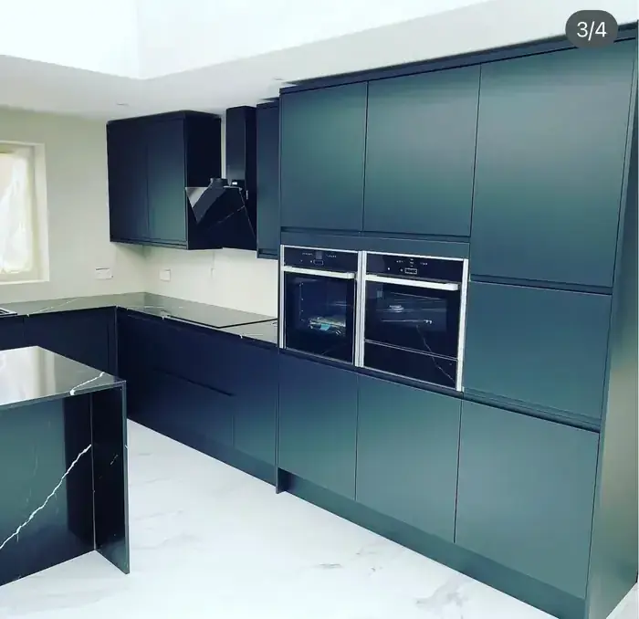 Handleless navy kitchen fitted in Harlow, Essex