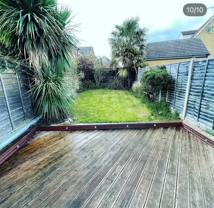 New hardwood decking and planted garden with fencing, Hertfordshire